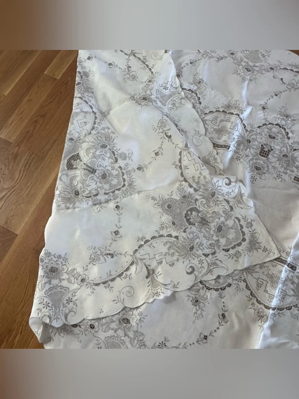 Vintage White Embroidered Cutwork Tablecloth 131” x 63” Floral Scalloped